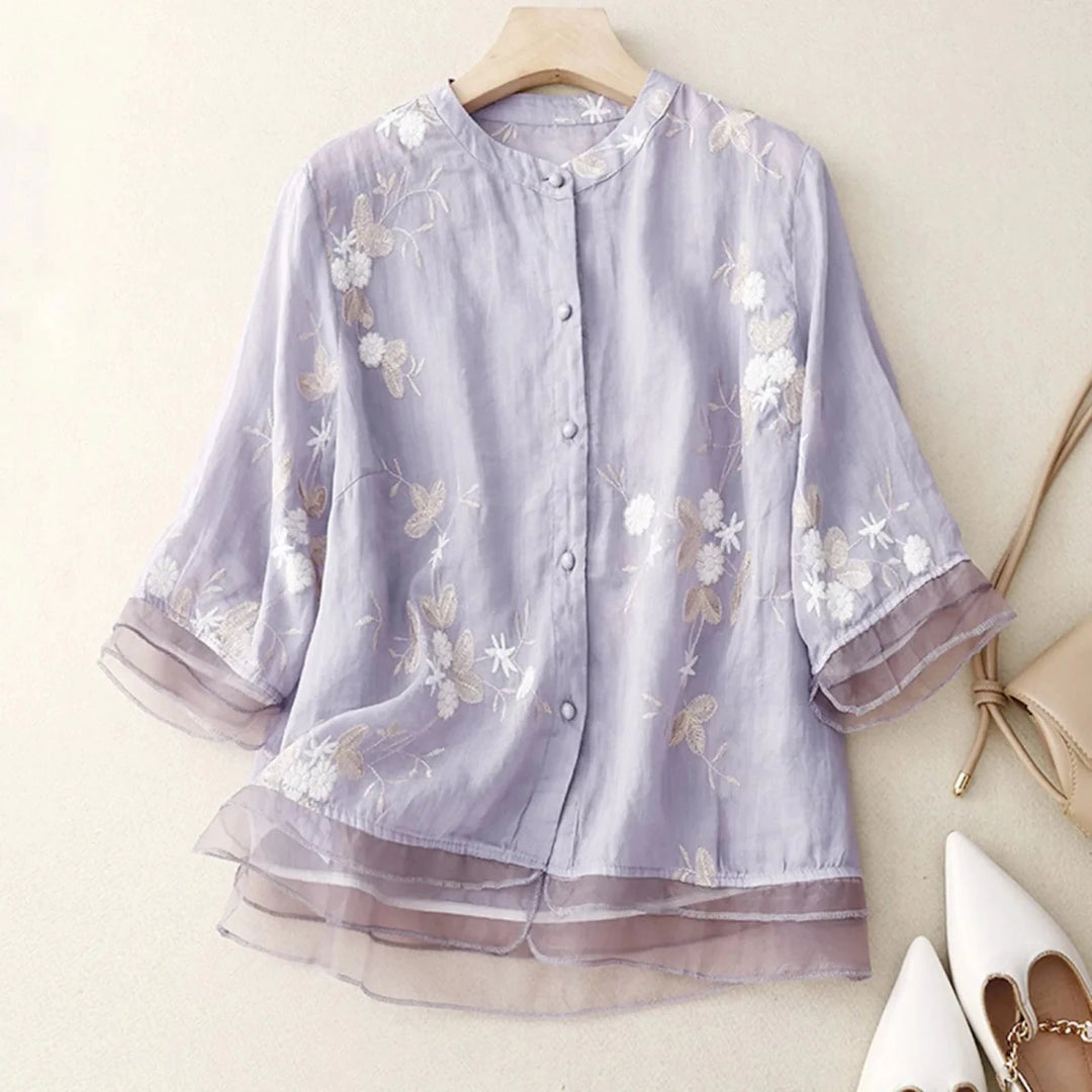 Relaxed Embroidered Cotton Blouse with Sheer Ruffle Accents - Weston Fletcher