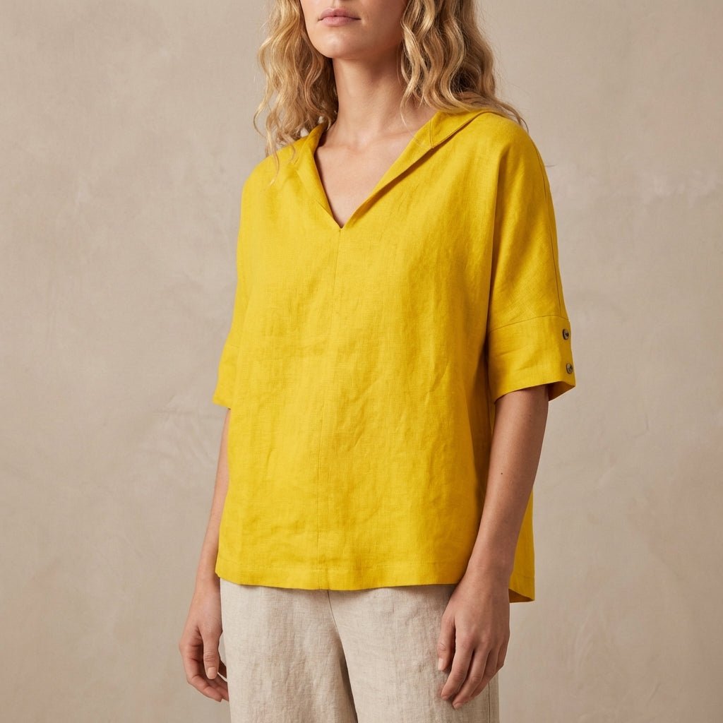 Relaxed Pullover Blouse with Wide Collar and Buttoned Sleeves - Weston Fletcher