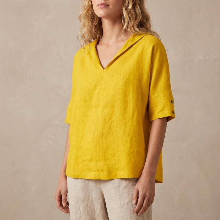 Relaxed Pullover Blouse with Wide Collar and Buttoned Sleeves - Weston Fletcher