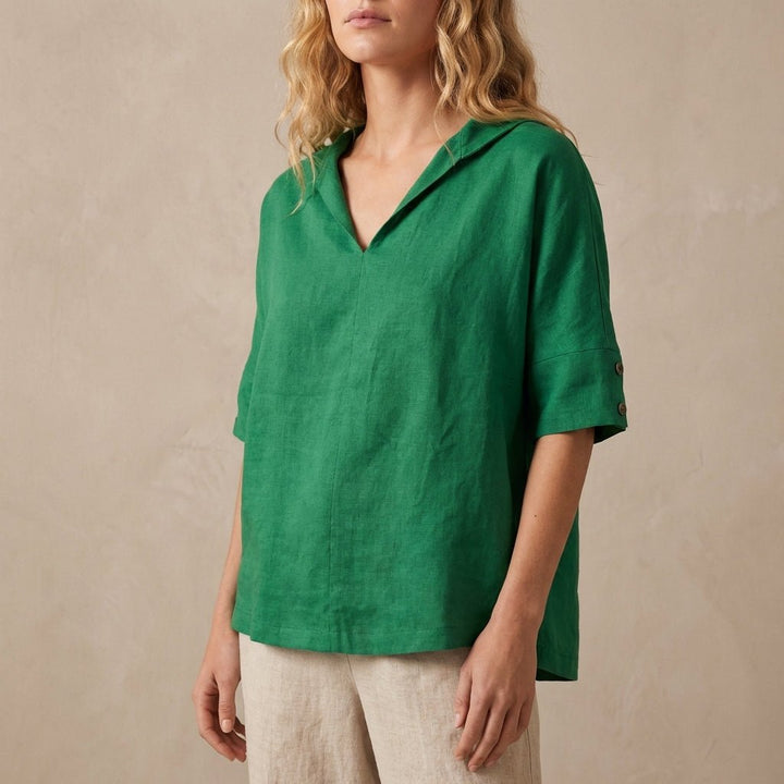 Relaxed Pullover Blouse with Wide Collar and Buttoned Sleeves - Weston Fletcher