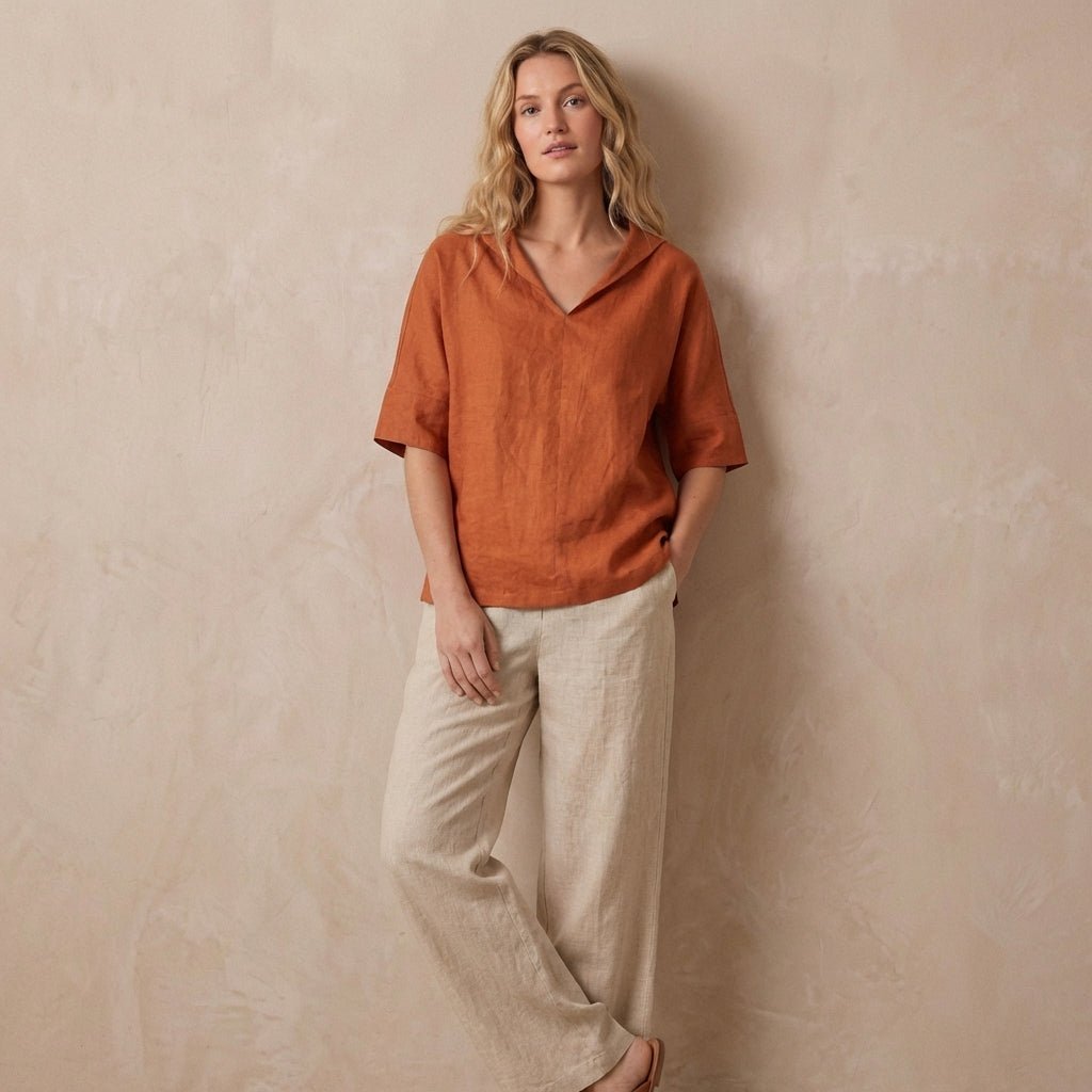 Relaxed Pullover Blouse with Wide Collar and Buttoned Sleeves - Weston Fletcher