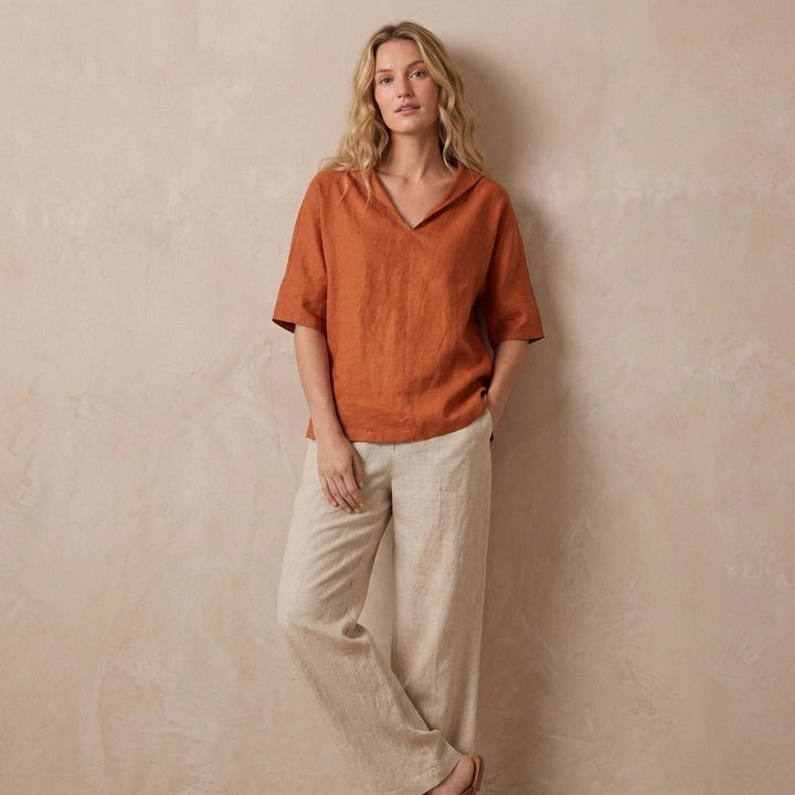 Relaxed Pullover Blouse with Wide Collar and Buttoned Sleeves - Weston Fletcher