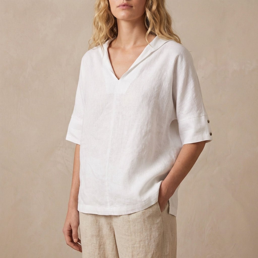 Relaxed Pullover Blouse with Wide Collar and Buttoned Sleeves - Weston Fletcher