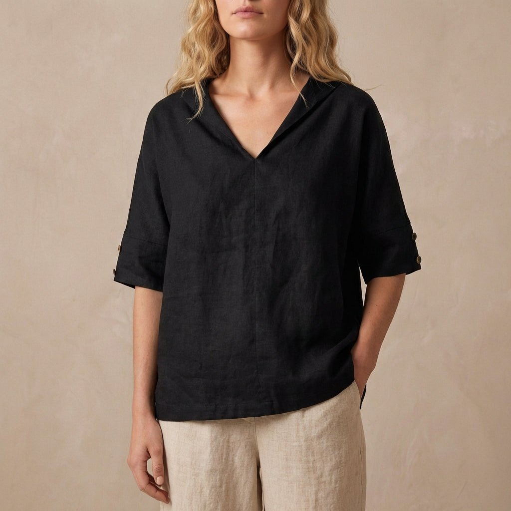 Relaxed Pullover Blouse with Wide Collar and Buttoned Sleeves - Weston Fletcher