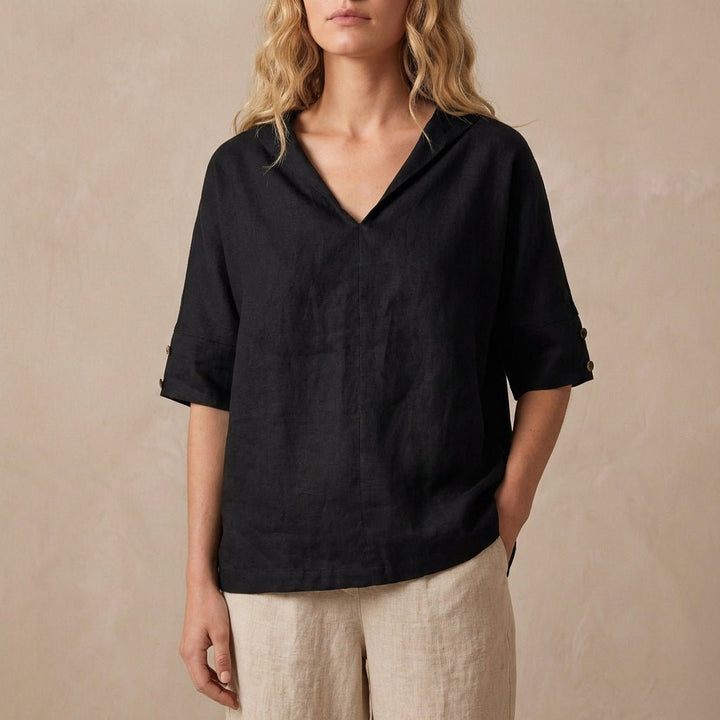 Relaxed Pullover Blouse with Wide Collar and Buttoned Sleeves - Weston Fletcher