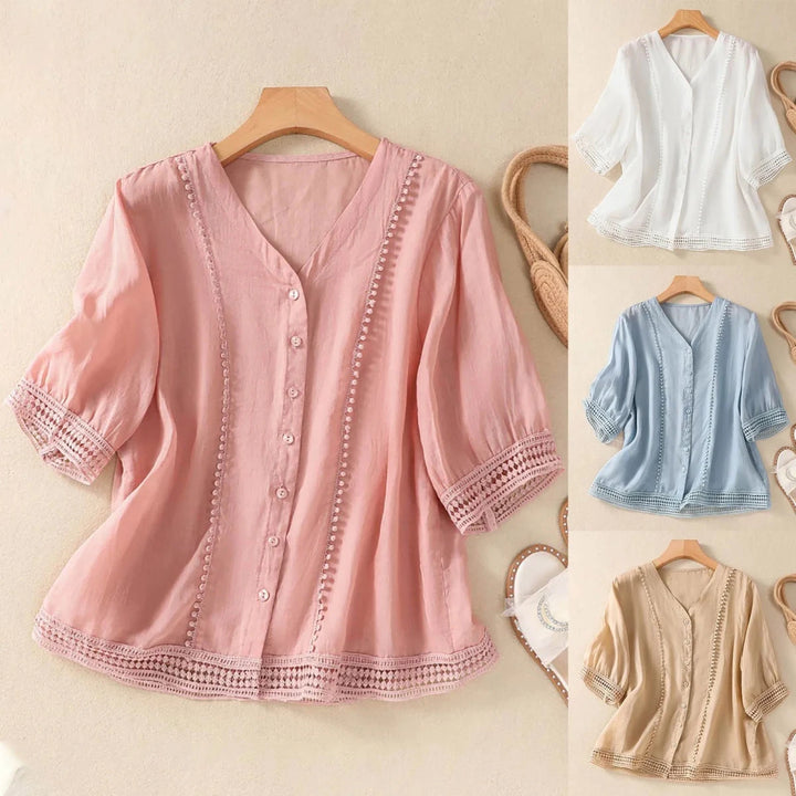 Relaxed V - Neck Linen Button - Up Blouse with Lace Trim Detailing - Weston Fletcher