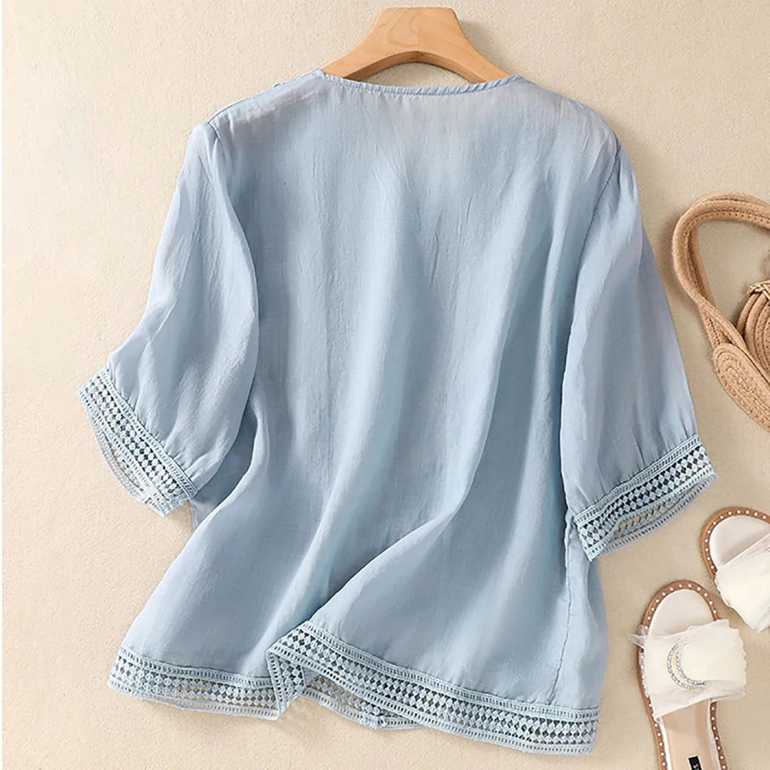 Relaxed V - Neck Linen Button - Up Blouse with Lace Trim Detailing - Weston Fletcher