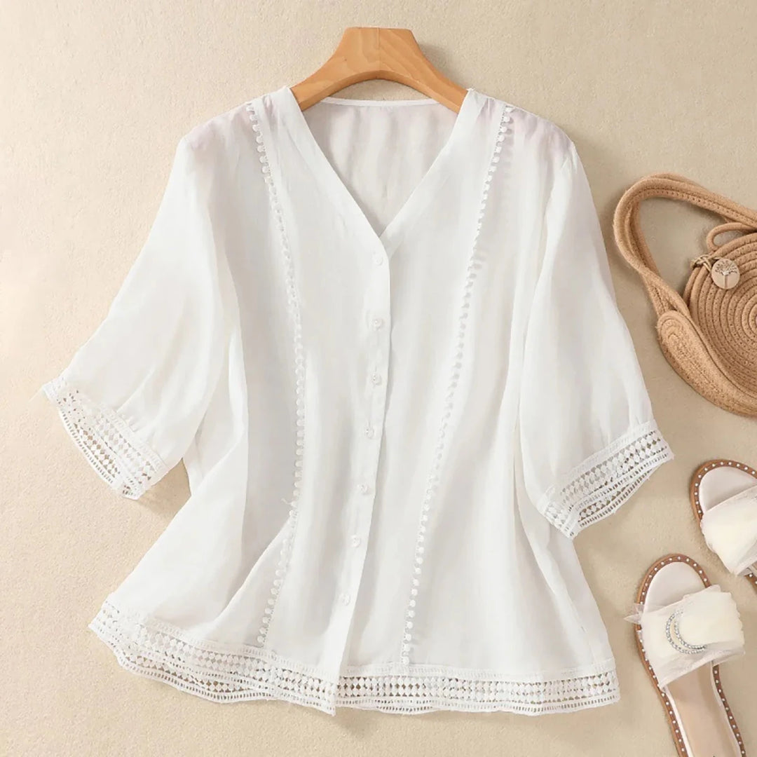 Relaxed V - Neck Linen Button - Up Blouse with Lace Trim Detailing - Weston Fletcher