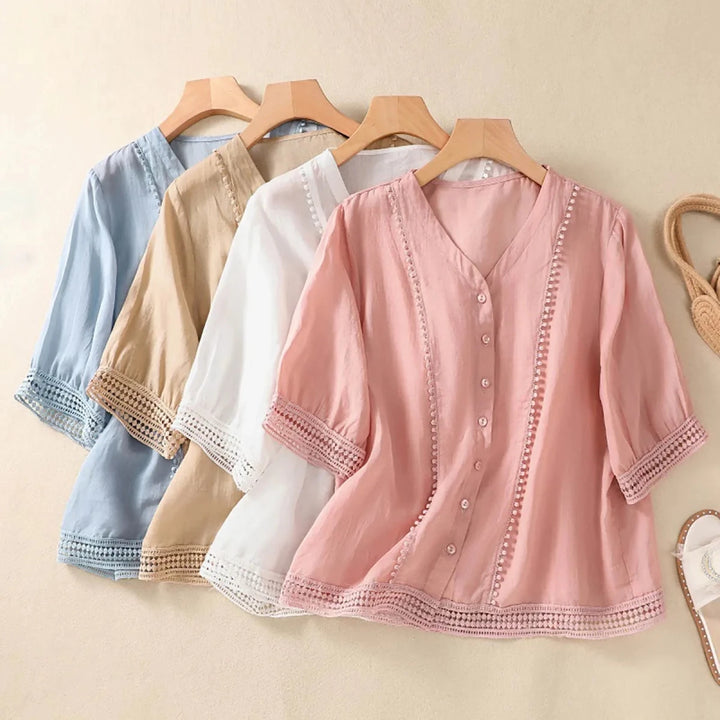 Relaxed V - Neck Linen Button - Up Blouse with Lace Trim Detailing - Weston Fletcher