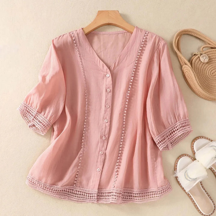 Relaxed V - Neck Linen Button - Up Blouse with Lace Trim Detailing - Weston Fletcher