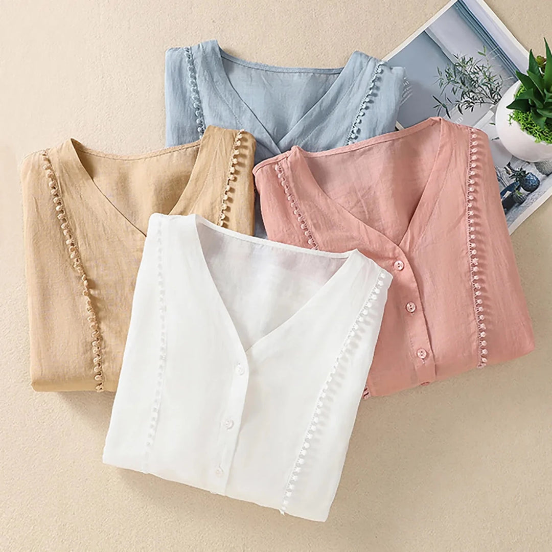 Relaxed V - Neck Linen Button - Up Blouse with Lace Trim Detailing - Weston Fletcher