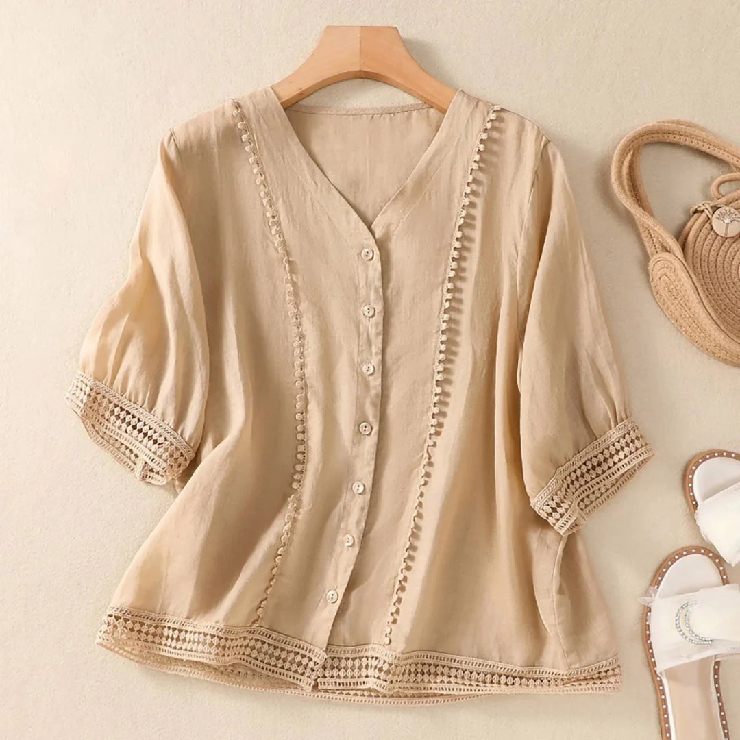 Relaxed V - Neck Linen Button - Up Blouse with Lace Trim Detailing - Weston Fletcher