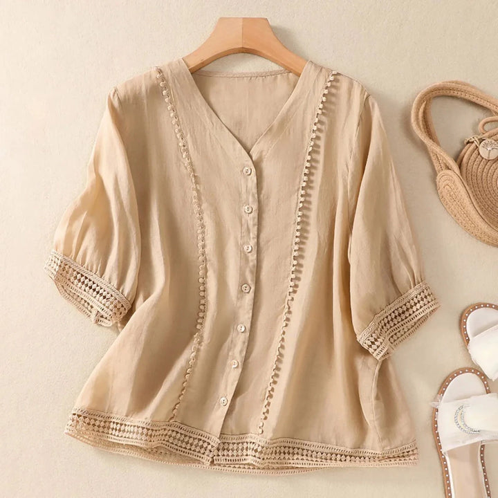 Relaxed V - Neck Linen Button - Up Blouse with Lace Trim Detailing - Weston Fletcher