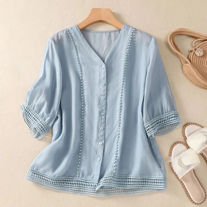 Relaxed V - Neck Linen Button - Up Blouse with Lace Trim Detailing - Weston Fletcher