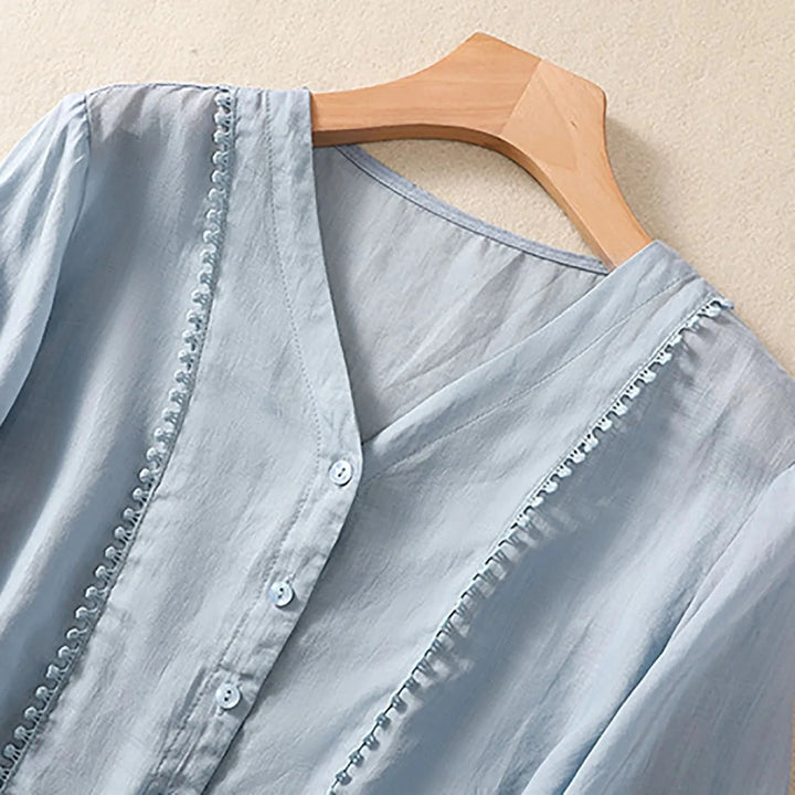 Relaxed V - Neck Linen Button - Up Blouse with Lace Trim Detailing - Weston Fletcher